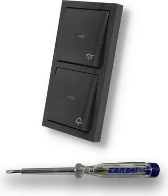 Produktbild von Busch Jäger Klingel & Lichtschalter Set, Glocken & Klingel Symbol, Taster permanent beleuchtet Typ 2020 USGL + Wippen mit Rahmen in Future Linear anthrazit + EBROM Phasenprüfer zur Montage der Geräte