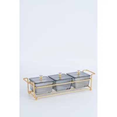 Produktbild von Knabber Schalenset 3 Fächer mit Deckel und Ständer Cerezlik Servierschale Knabberschale aus Glas für Süßigkeiten, Dips, Nüsse, Chips Grau