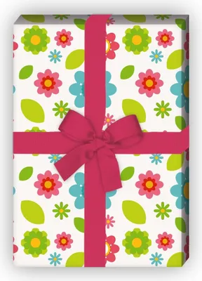 Produktbild von Buntes 70er Jahre Geschenkpapier mit Blumen, grün - G8129, 32 x 48cm