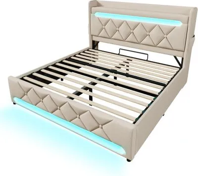 Produktbild von Polsterbett Doppelbett 140x200cm Leinen Hydraulisch Stauraum Kopfteil USB Type-C 360 Surround LED Beige Mit Matratze Funktionsbett