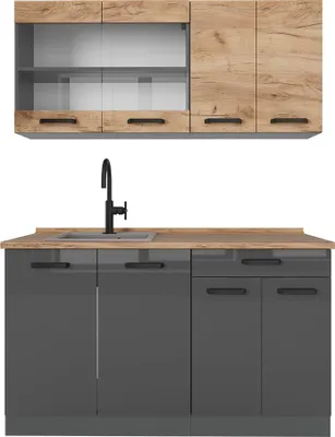 Zdjęcie produktu dla Pojedyncza kuchnia Vicco R-Line Złoty dąb power/antracyt 140 cm dwukolorowe szafki, BL Dąb, Model 58715
