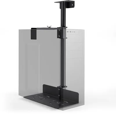 Image de Support réglable Unyqoos® pour ordinateur, rotatif à 360°, à fixer sous le bureau, avec réglage en hauteur et en largeur, ventilé, en acier, capacité de charge : 25 kg