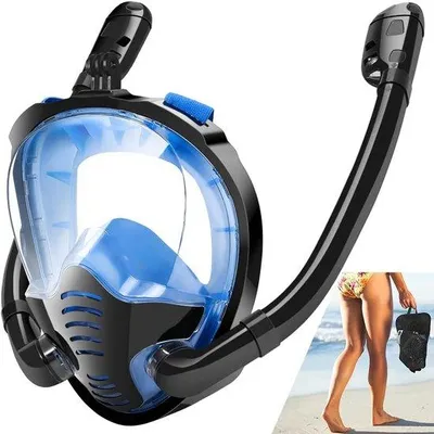 Image de Masque de plongée panoramique à 180°, double tuyau d'air, haut étanche, intégral, noir et bleu