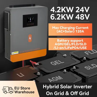 Imagen del producto de Inversor solar híbrido con cargador de batería MPPT, sistema autónomo de 4.2 kW, 24 V, con conexión WiFi y onda sinusoidal