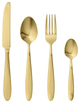 Immagine prodotto di BLOOMINGVILLE | Posate Frea, dorate, in acciaio inossidabile | Lunghezza: 22,5 cm (coltello), 20 cm (forchetta), 19,4 cm (cucchiaio), 14,5 cm (cucchiaino), Set da 4 | 21150000