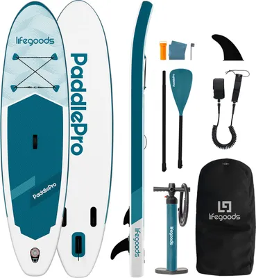 Produktbild von LifeGoods SUP Board Allround Compact, aufblasbares Stand-Up-Paddle-Board für Einsteiger und Kinder 300x76 cm, 100 kg, Weiß/Deep Aqua – komplettes SUP Set