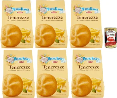 Produktbild von Mulino Bianco Tenerezze Biscotti con Crema al Gusto di Limone, Kekse mit Zitrone geschmack creme, biscuits cookies, 6x 200g + Italian Gourmet polpa 400g