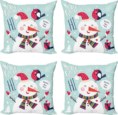 Produktbild von ABAKUHAUS Weihnachten Kissenbezug Set (4 Stück), Vogel Schnee Weihnachten Theme, Moderner Doppelseitiger Digitaldruck, 50 cm x 50 cm, Blau Weiss