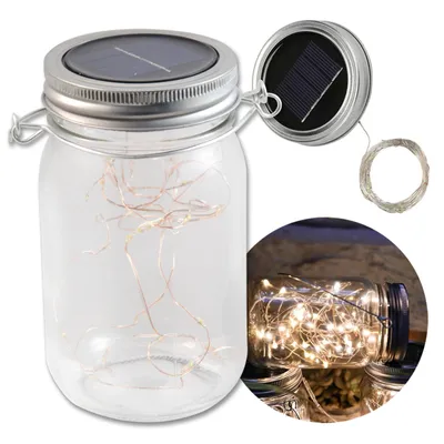 A solar-powered LED light in a mason jar, with a close-up inset showing the light turned on in a similar jar.