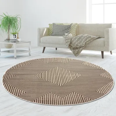 Produktbild von Kurzflorteppich Beige geometrisches Muster Glanzoptik weich pflegeleicht für Wohnzimmer Schlafzimmer Größe - 200 cm Rund