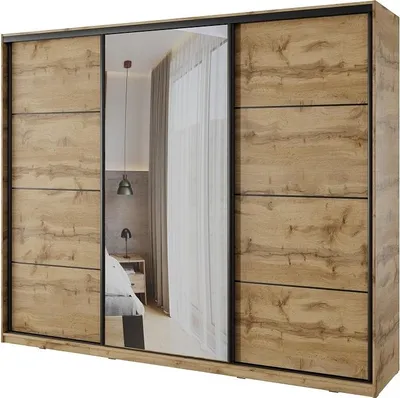 Obrázek produktu pro Šatní skříň NEJBY BARNABA 250 cm s posuvnými dveřmi, zrcadlem,4 šuplíky a 2 šatními tyčemi,dub wotan