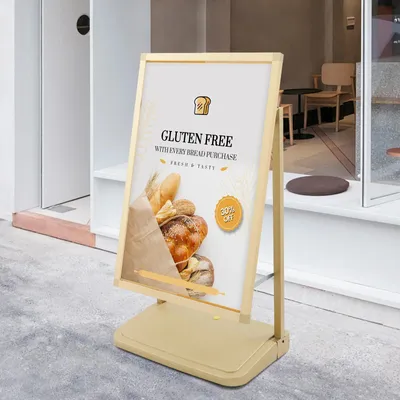 Produktbild von Kundenstopper - A-Aufsteller - Metall - Für Außenbereich - Mit Rollen - Für Plakate/KT-Platten - Gelb
