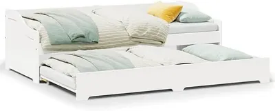 Obrázek produktu pro Rozkládací denní lůžko 90x200 cm, rám postele z masivního borového dřeva, rozkládací pohovka a přistýlka s roštovou konstrukcí, multifunkční lůžko vhodné do obývacího pokoje i pro hosty, barva bílá (iRun)
