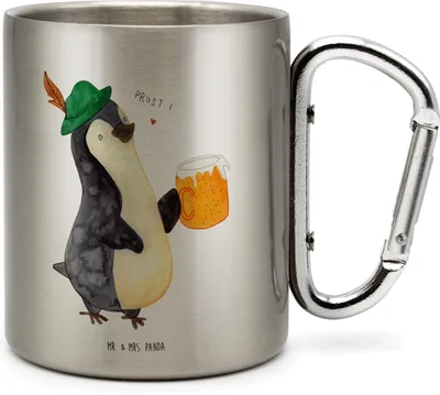 Produktbild von Mr. & Mrs. Panda Thermobecher Pinguin Bier - Transparent - Geschenk, Teetasse, Edelstahl-Thermobecher, karabiner tasse, , Edelstahl, Beschwippst, Feierabend
