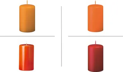 Produktbild von Stumpenkerzen Farbsystem H in der Größe 100/60 mm (H x D), 16 Stück (je 4 Kerzen in der Farbe honig - flame - erdbeere - mandarin)