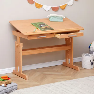 Produktbild von Kinderschreibtisch OLIVIA aus Kiefer - schöner Schülerschreibtisch neigungs- und höhenverstellbar, praktischer Jugendschreibtisch mit Schubladen