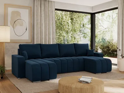 Produktbild von MKS MEBLE Sofa mit Schlaffunktion - Ecksofa mit Schlaffunktion und Bettkasten - Sofa 5 Sitzer - Schlafsofa - Couch - Schlafsofa mit Bettkasten - Kirasso U -Dunkelblau Velvet