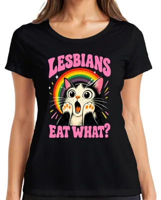 Obrázok produktu pre Lesbičky jedia... Šokujúca mačka. Výrok o dúhe. Sarkazmus. Dámske tričko, čierna, veľkosť S