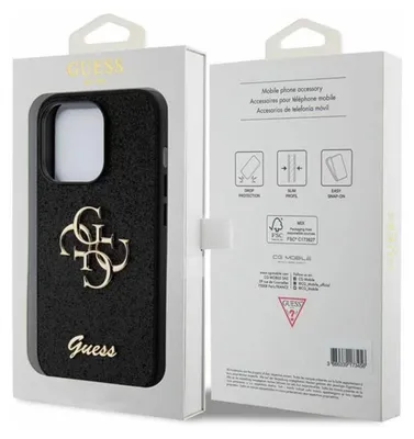 Immagine prodotto di Guess, custodia per iPhone 15 Pro glitter con logo in metallo, nero