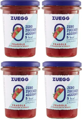 Produktbild von 4x Zuegg Fragole e Fragoline di Bosco Erdbeeren und Walderdbeeren Marmelade Jam Ohne Zuckerzusatz,Frei von Konservierungsstoffen 220g Glas + Italian Gourmet Polpa di Pomodoro 400g Dose