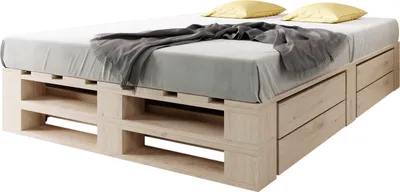 Produktbild von Lermowood Palettenbett M2 180 x 200 cm mit 2 Bettkästen Natur, Erhöhte Komforthöhe 40 cm, Massivholz
