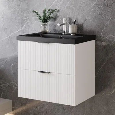 Produktbild von 60cm Badmöbel Set Schwarz Mineralguss Waschtisch mit Unterschrank Weiß Matt  Badezimmerschrank mit geriffelte Schubladentüren