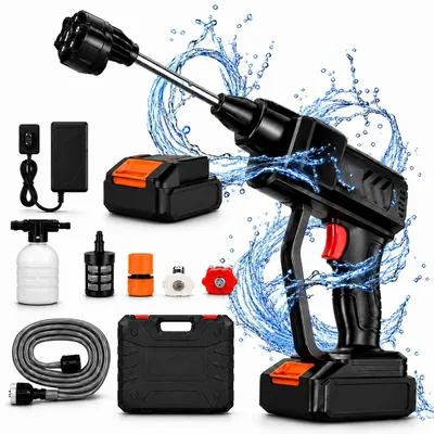 Produktbild von Akku Hochdruckreiniger 88VF 3000mAh, 2 Akkus, 300W kabelloser Druckreiniger mit 5m Schlauch, 6-in-1 Düse, KFZ Reiniger für Auto, Garten und Camping