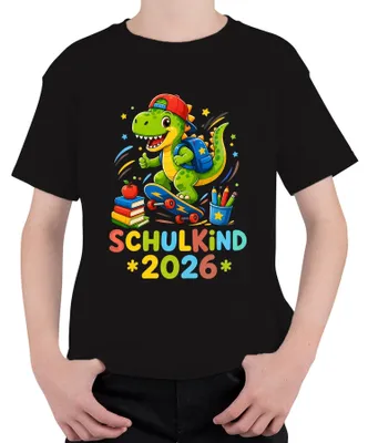 Obrázok produktu pre Školské tričko s motívom dinosaura, vhodné pre prváka, čierna farba, veľkosť 128. Ideálne na začiatok školskej dochádzky