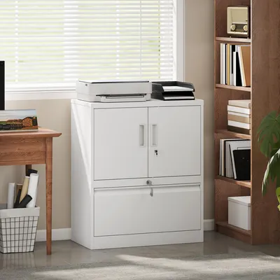 Produktbild von Aktenschrank Stahl abschließbar mit Schublade & Hängeregistratur, Büroschrank Mehrzweckschrank, Weiß | 80 x 40 x 95 cm | 100 kg | 2 Türen
