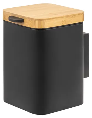 Image de Poubelle carrée murale Bremermann avec couvercle en bambou, 3 litres, support mural inclus pour collage ou perçage, noire