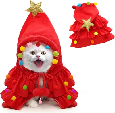 Produktbild von Weihnachtskostüm für Hunde, Weihnachtsoutfit für Hunde, Katzenumhang, Welpenkleidung, Weihnachtsumhang für Haustiere mit Stern und Pompom, Rot, M