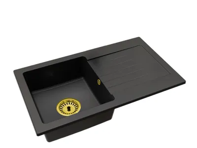 Produktbild von Granitspüle Einbeckenspüle mit Abtropffläche Leon – Schwarz – Goldener Siphon