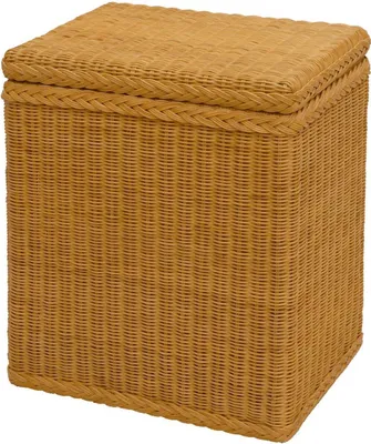 A wicker laundry basket with a lid.
