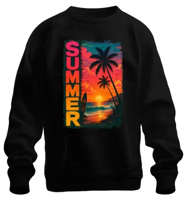 Imagen del producto de Sudadera de playa vintage, diseño "Atardecer de verano", con palmeras y tabla de surf, color , talla M