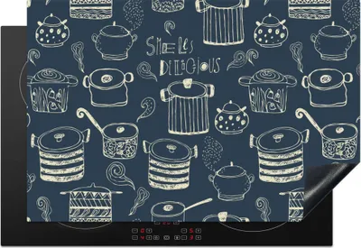 Produktbild von KitchenYeah© Herdabdeckplatte Muster - Pfannen - Kochen , 76x51cm, Küche Deko, Glaskeramikkochfeld Herdabdeckung, Abdeckplatte fùr Kochfeld