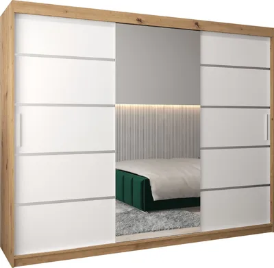 A modern wardrobe with sliding doors, featuring a mirrored section reflecting a bedroom interior with a bed.