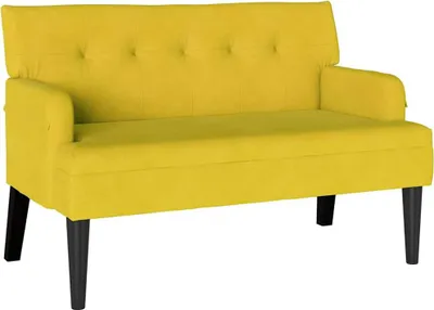 A yellow Chesterfield sofa is shown against a white background.
