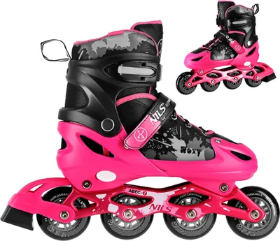 A pair of pink and black inline skates are shown against a white background. A second, smaller image of the same skates is placed in the upper right corner.
