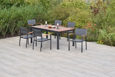 Obrázek produktu pro Sada zahradního nábytku Merxx Paxos, 7dílná, 6 stohovatelných křesel, rozkládací stůl 180 (250) x 100 cm – hliník/akácie/textil