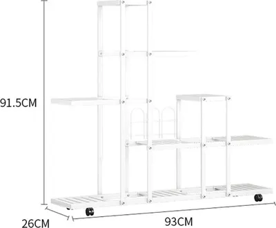 Obrázok produktu pre Stojan na rastliny do interiéru/exteriéru – H9036 Kovový regál na rastliny – Viacúrovňový rohový regál – S kolieskami – Balkón a záhrada – Biely