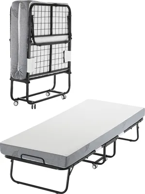 A folded portable bed and an unfolded portable bed are shown side-by-side against a white background.