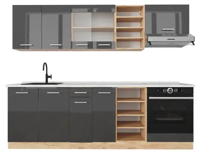 Produktbild von Küchenzeile Vicco R-Line Anthrazit Hochglanz/Goldkraft Eiche 240 cm , AP Marmor, Model 42939