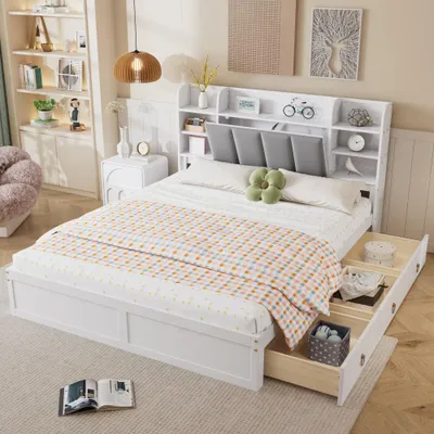 Image de Cadre de lit - Lit double - Lit avec rangement - Sommier à lattes - Lit en métal - Design moderne - 160x200 cm