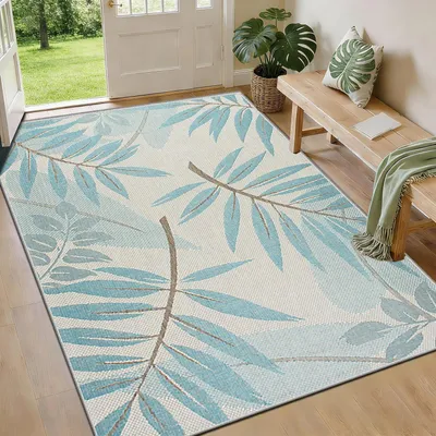 Productafbeelding van Kortpolig vloerkleed, blauw, met bladmotief, wasbaar, antislip, 120x170 cm