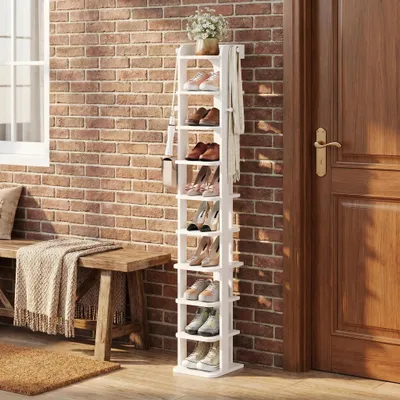 Produktbild von Schuhregal, 10 Ebenen, Platzsparend, mit Haken, 26,5B cm, Weiß | Holz-Schuh-Organizer, Verstellbar, Geeignet für Eingang, Flur, Wohnzimmer