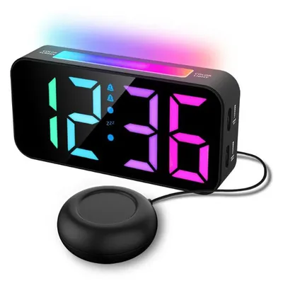 Produktbild von Vibrationswecker RGB fürs Schlafzimmer, 100 dB laut, dimmbar, zwei Alarmzeiten, Schlummerfunktion, geeignet für Gehörlose und Tiefschläfer