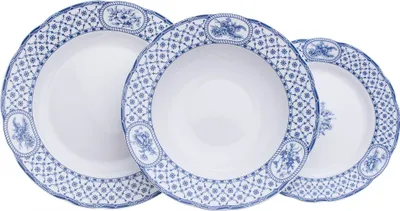 Zdjęcie produktu dla Zestaw talerzy, porcelana Karlovy Vary, Thun, róża, niebieska kokardka, 18 szt