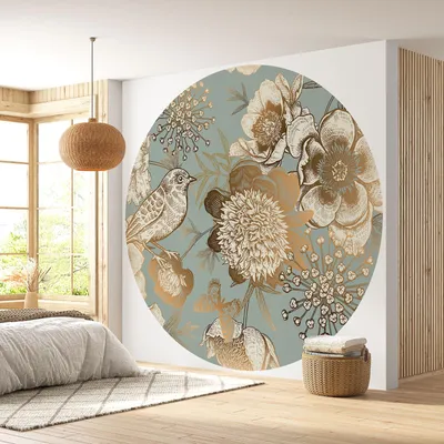Produktbild von Runde Tapete / Kreis – Lumaléa – Blumen Vogel – Premium-Papier 185 g, abwaschbar – Durchmesser 90 cm