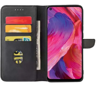 Zdjęcie produktu dla Etui na telefon Oppo A54 5G ze sztucznej skóry z magnetyczną wargą i uchwytem na karty Etui z klapką - czarne - Smartphonics