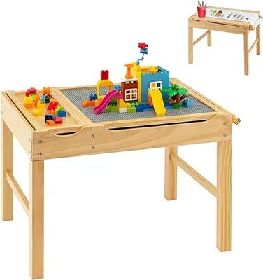 Produktbild von Costway Kindertisch, Aktivitätstisch Natur aus Kiefernholz & MDF, 86,5x60x57cm (LxBxH), umkehrbare 2-in-1-Tischplatte, Stauraum mit 3 kleinen & 1 großem Fach, integrierte Papierrolle, gratfreie Kanten, zum Bauklötze stapeln, ab 3 Jahre